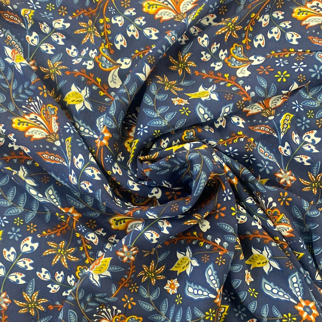 100% Viscose - Bold Floral Stem - Navy - Sold By Half Metre