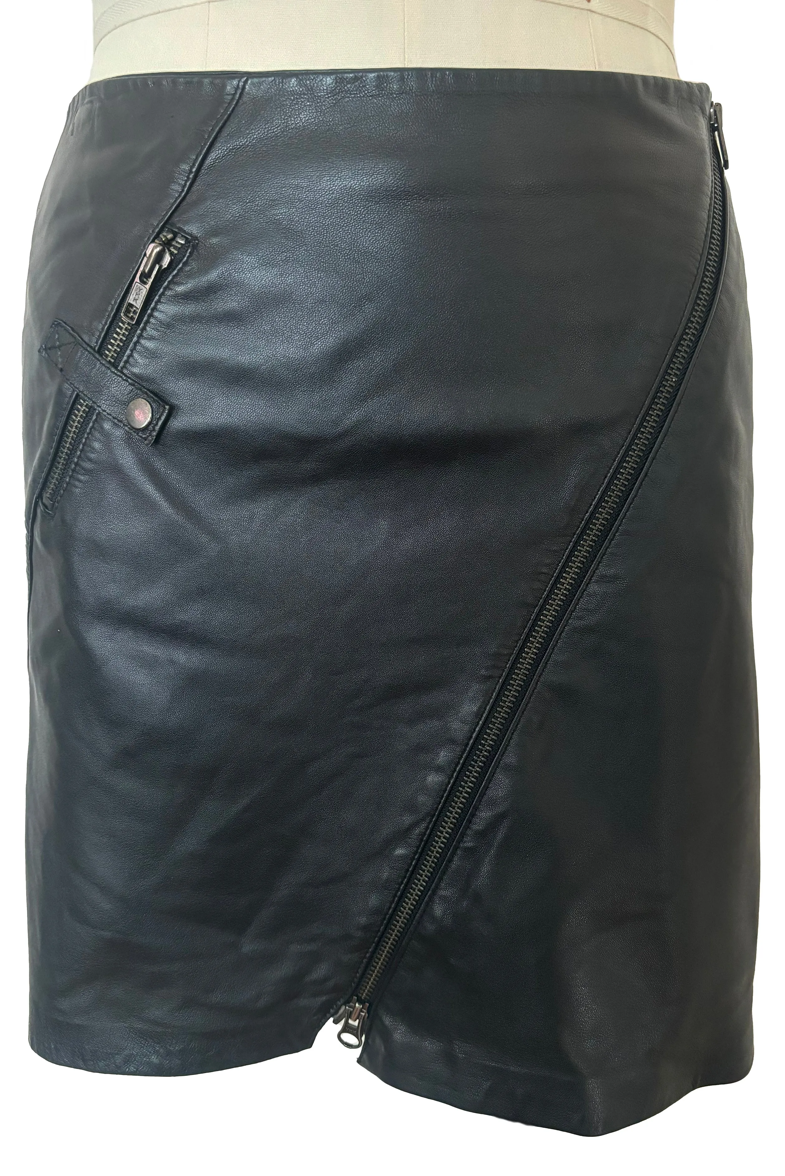 1990s Vintage Black Leather Skirt with Zippers by Cache, Small to Medium