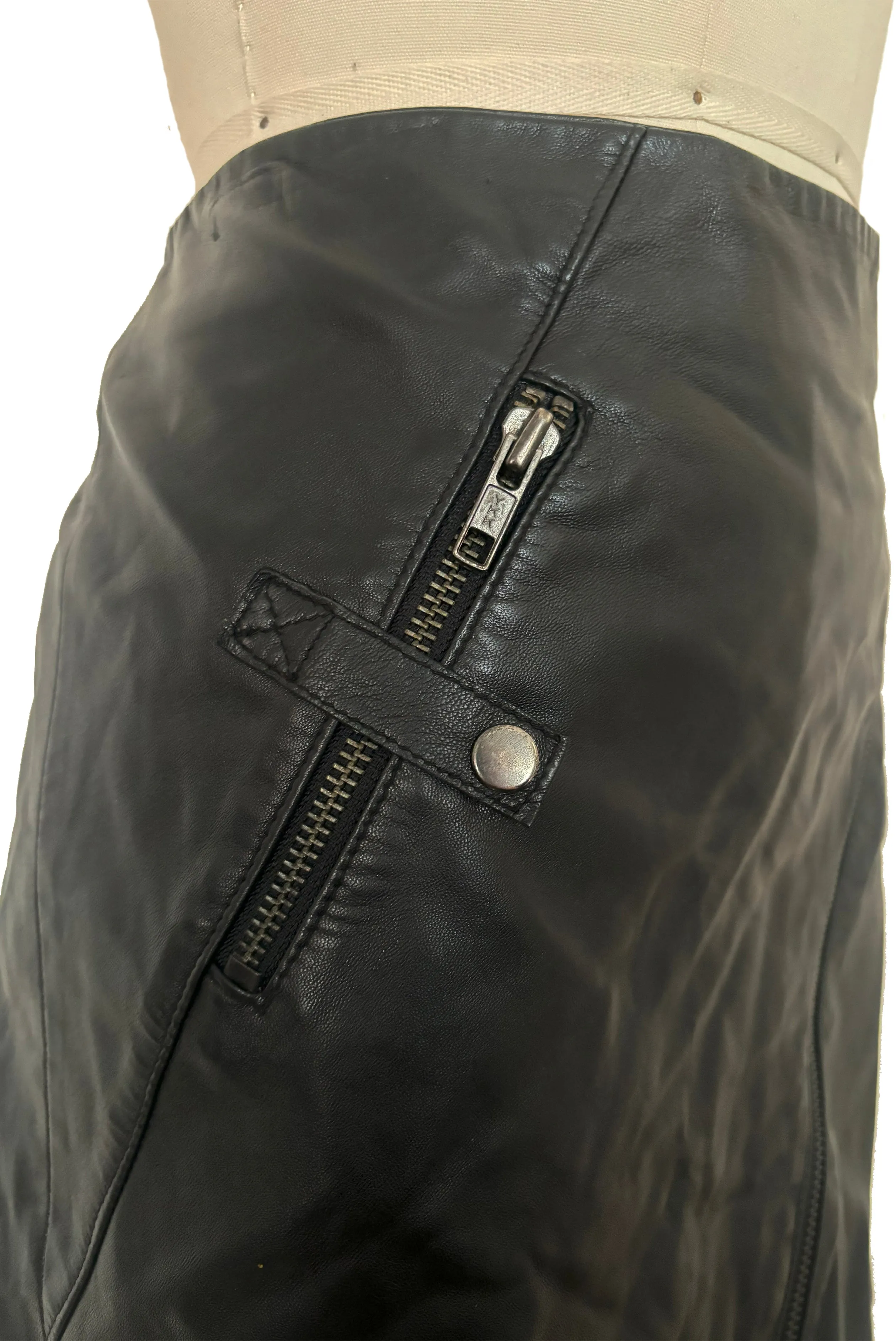 1990s Vintage Black Leather Skirt with Zippers by Cache, Small to Medium