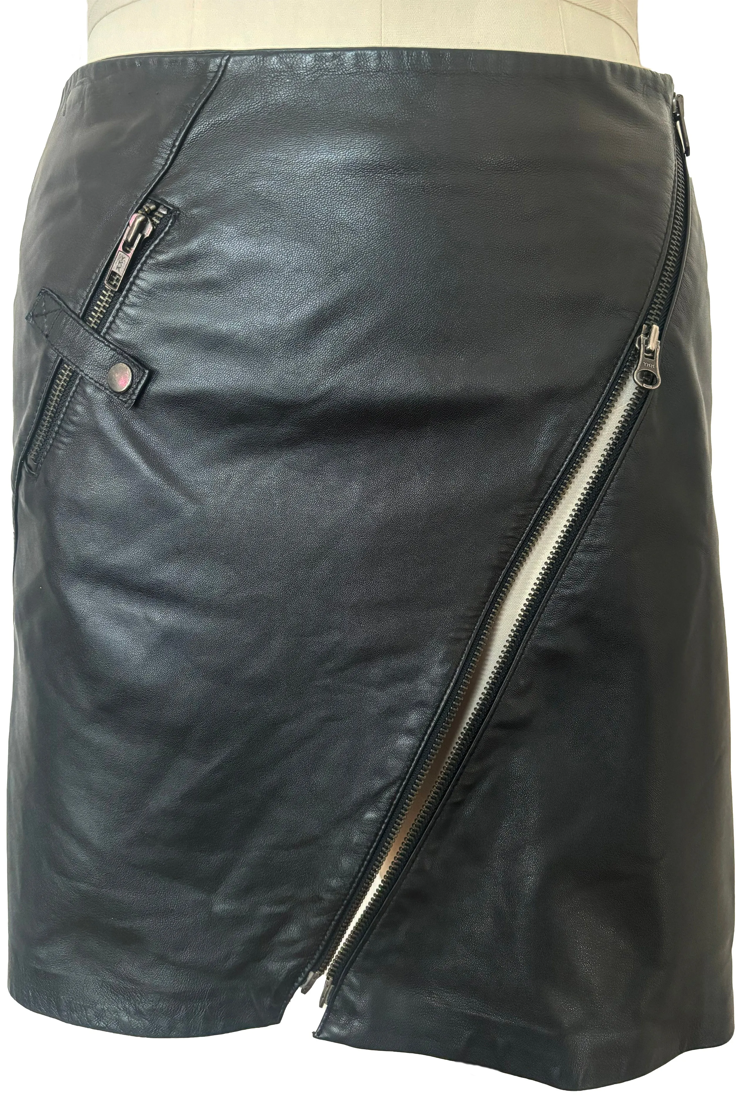 1990s Vintage Black Leather Skirt with Zippers by Cache, Small to Medium