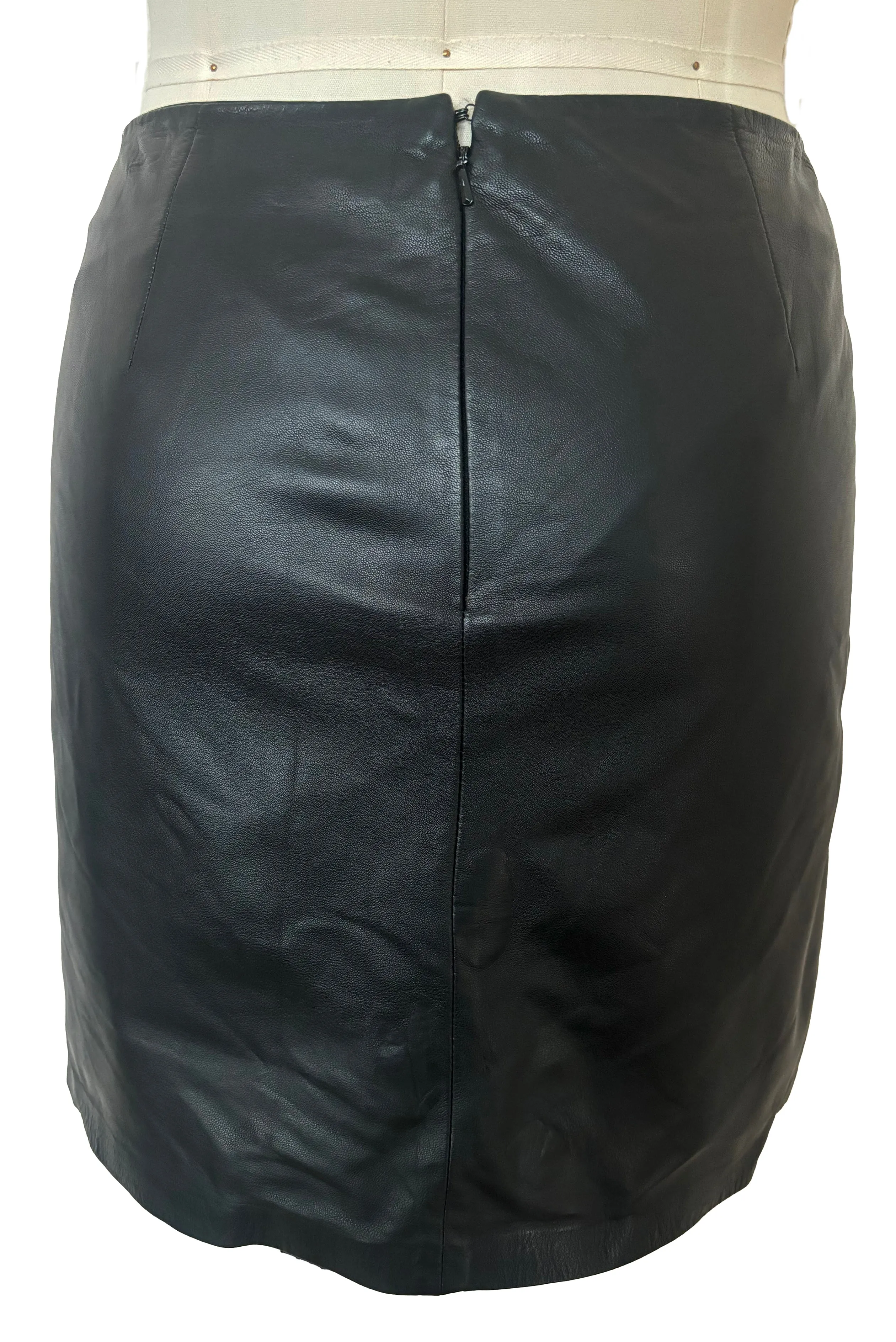 1990s Vintage Black Leather Skirt with Zippers by Cache, Small to Medium