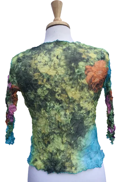 41 Long-sleeve crinkle top with floral print.  Made in France