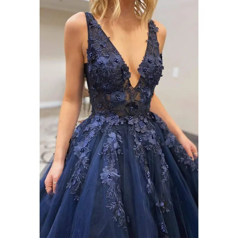 A-line Navy Tulle Appliques with Beadings Long Senior Prom Dress