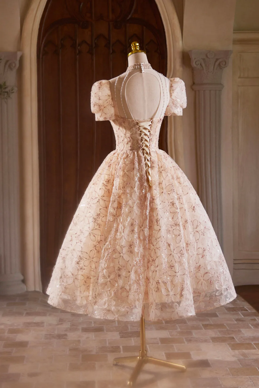 A-Line Short Sleeve Evening Dress, Lovely Tea Length Floral Formal Party Dress