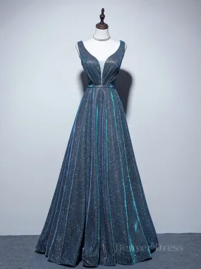 A-line V Neck Blue Long Prom Dress Blue Formal Dresses