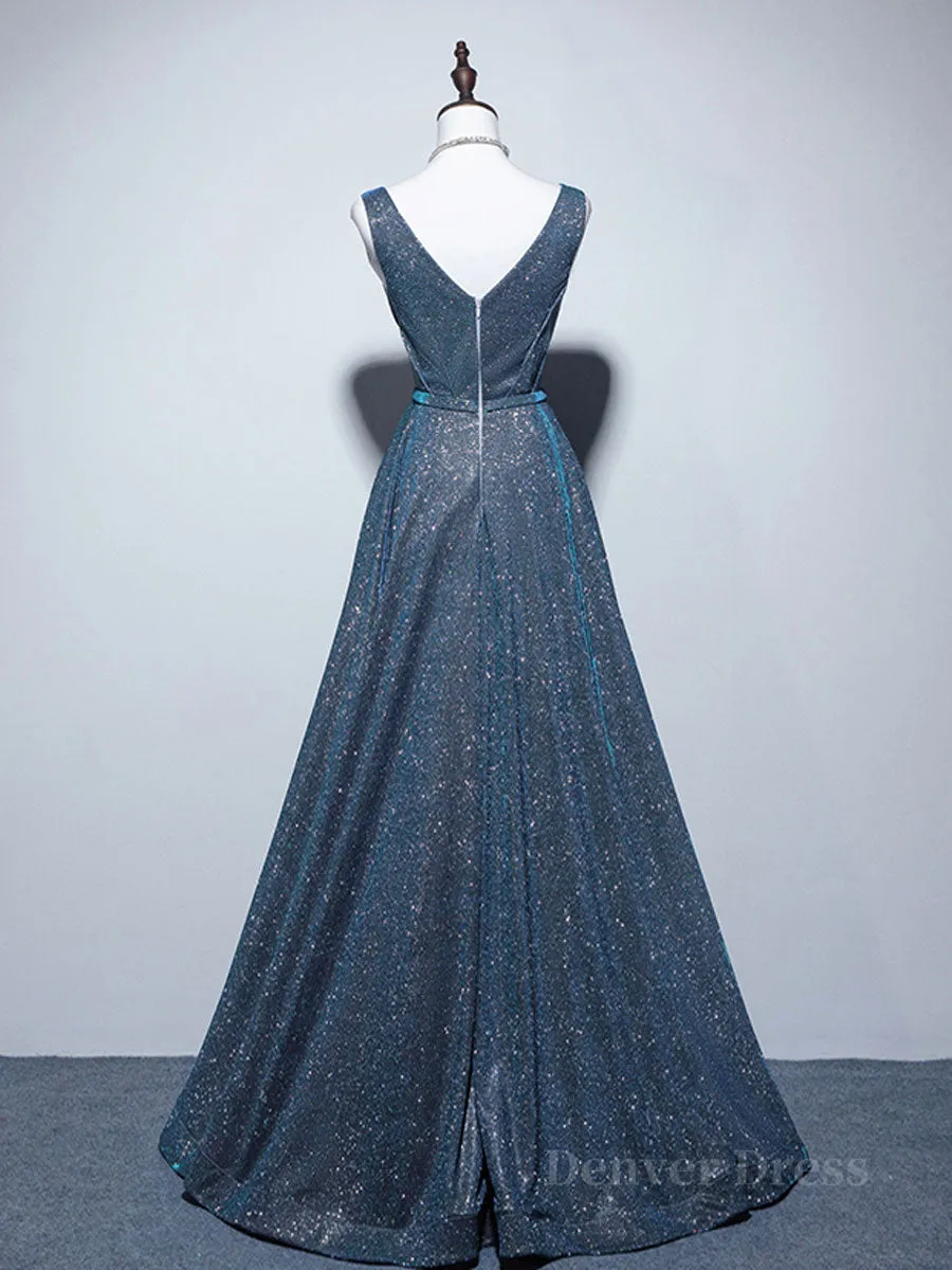A-line V Neck Blue Long Prom Dress Blue Formal Dresses