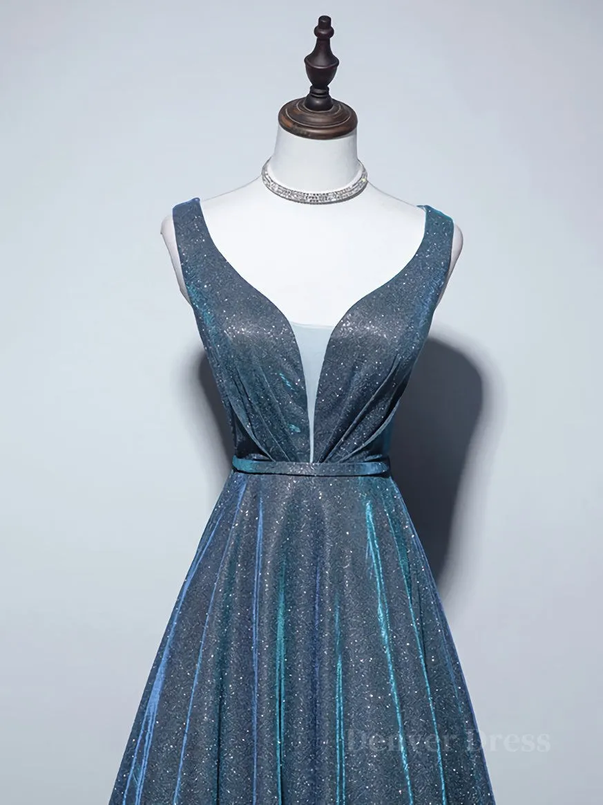 A-line V Neck Blue Long Prom Dress Blue Formal Dresses