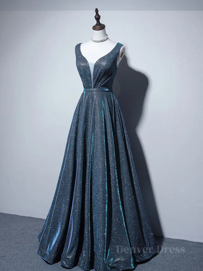 A-line V Neck Blue Long Prom Dress Blue Formal Dresses