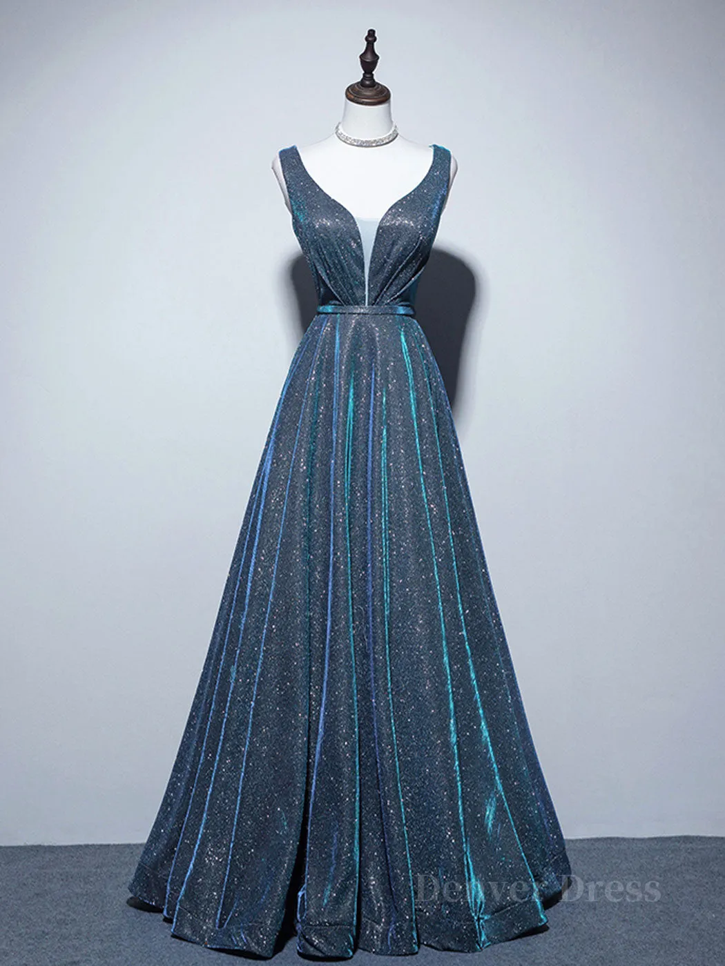 A-line V Neck Blue Long Prom Dress Blue Formal Dresses