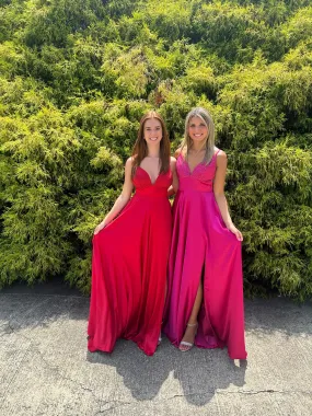 ALYCE Paris 1746 Embellished Satin V-Neck A-Line Dress with Slit - Red, Emerald or Fuchsia