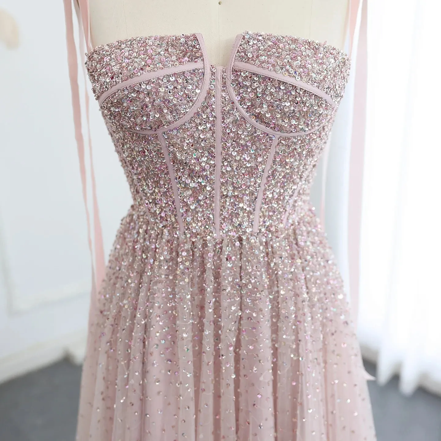Beaded Wine Red Evening Gown with Straps
