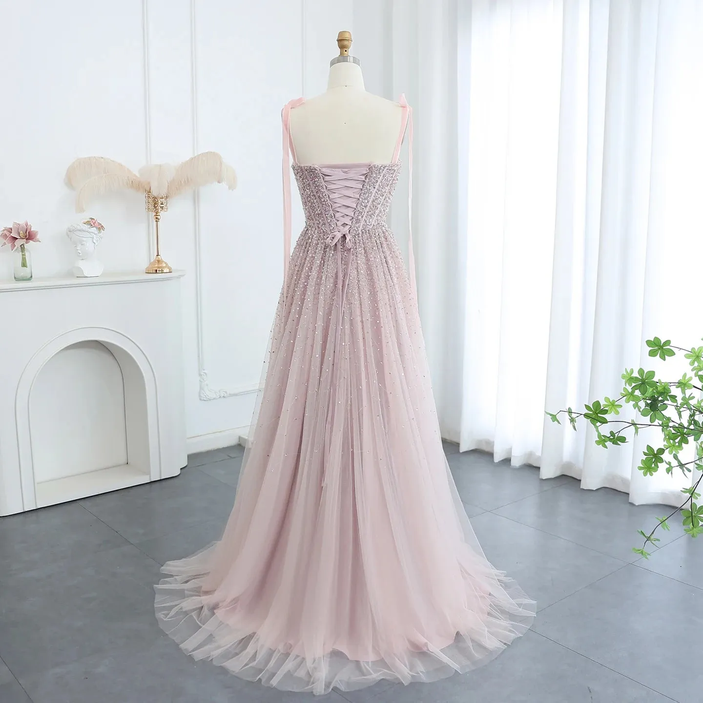 Beaded Wine Red Evening Gown with Straps