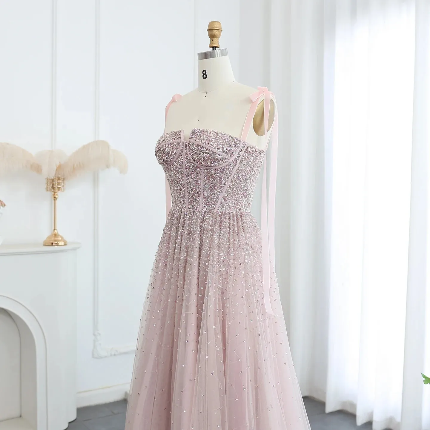 Beaded Wine Red Evening Gown with Straps