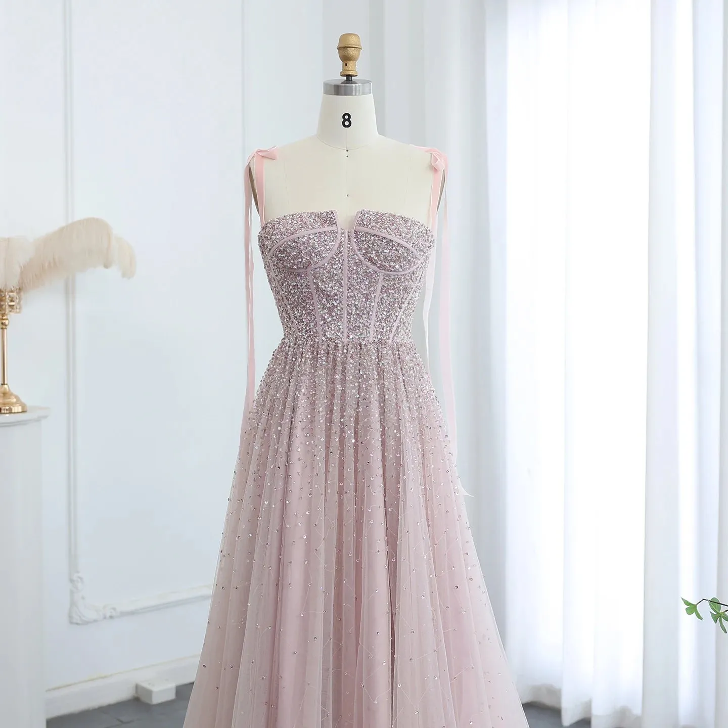 Beaded Wine Red Evening Gown with Straps