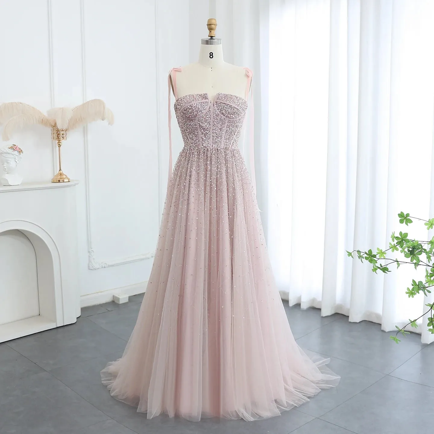 Beaded Wine Red Evening Gown with Straps