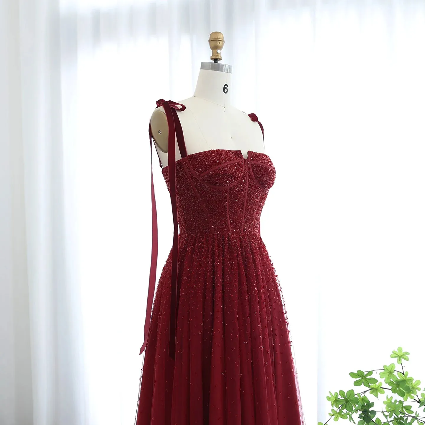 Beaded Wine Red Evening Gown with Straps