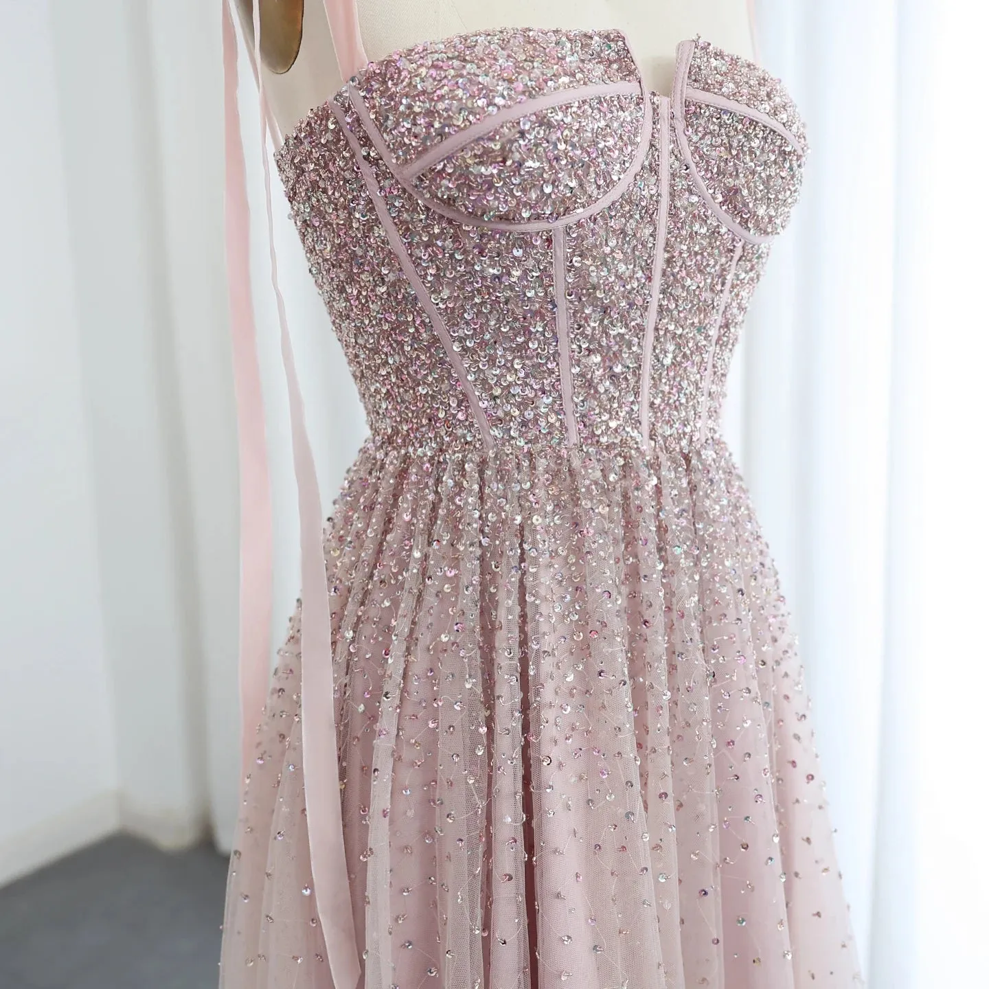 Beaded Wine Red Evening Gown with Straps