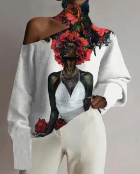 Black Girl Flower Print Cut-out Shoulder High Neck Top