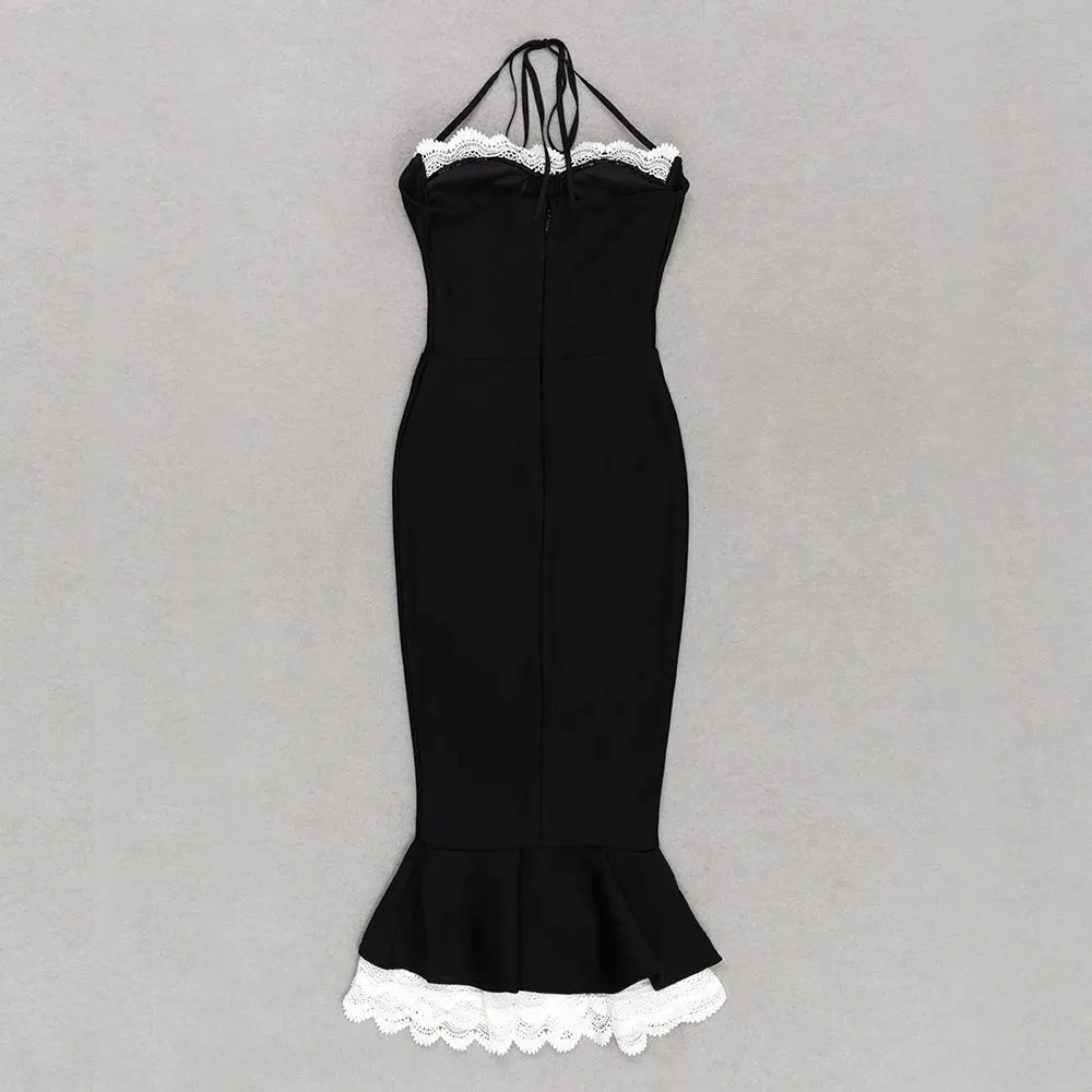 Black Lace Trumpet Spaghetti Strap Midi Dress