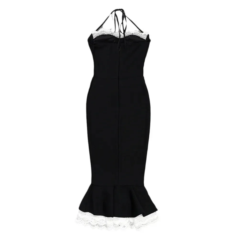 Black Lace Trumpet Spaghetti Strap Midi Dress