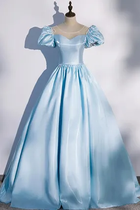 Blue Satin Long Prom Dress, Blue A-Line Scoop Neckline Short Sleeve Evening Dress