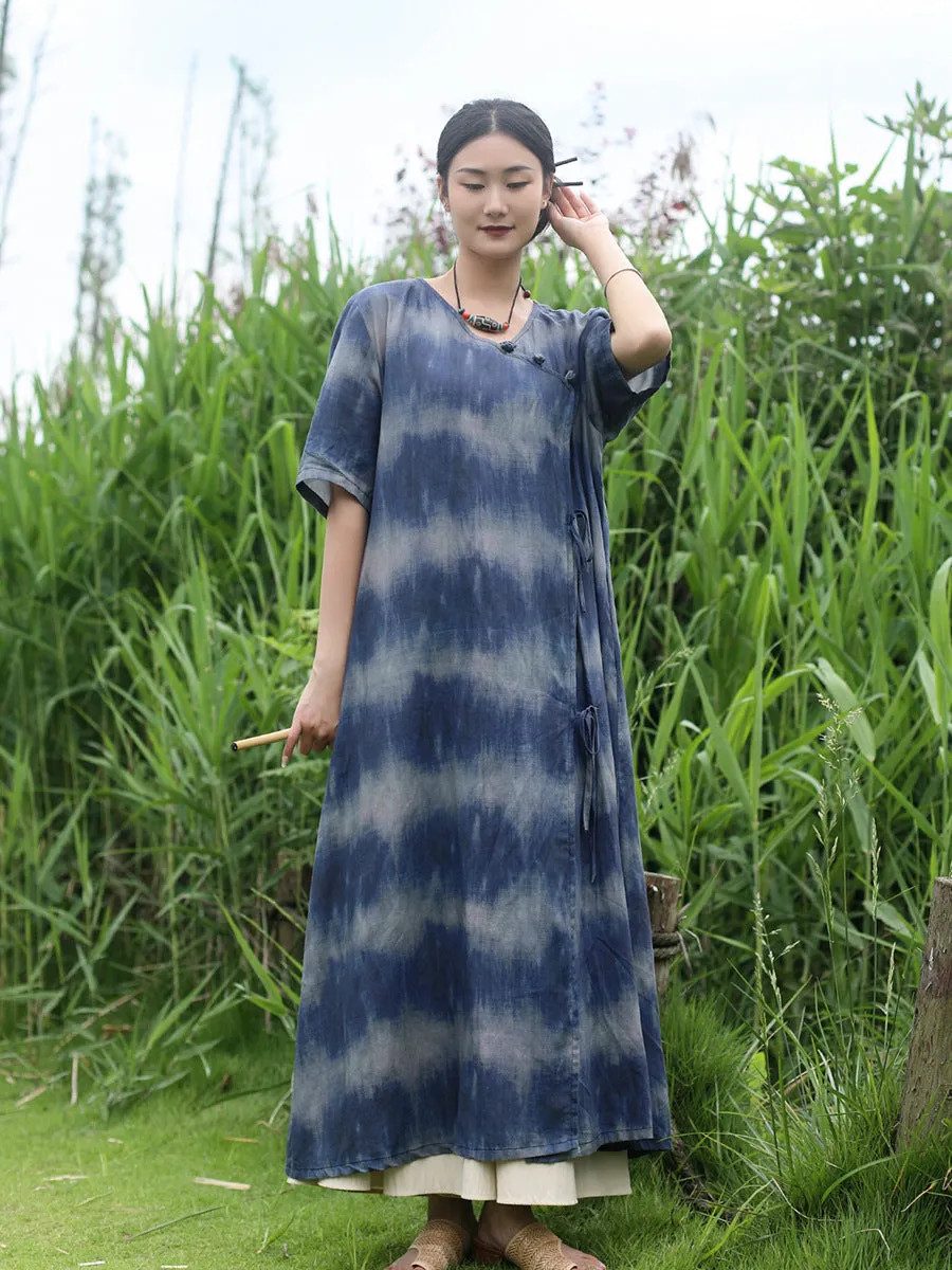 Bohemian Blue Striped Silk Tie-Dye Half-Sleeved Dress