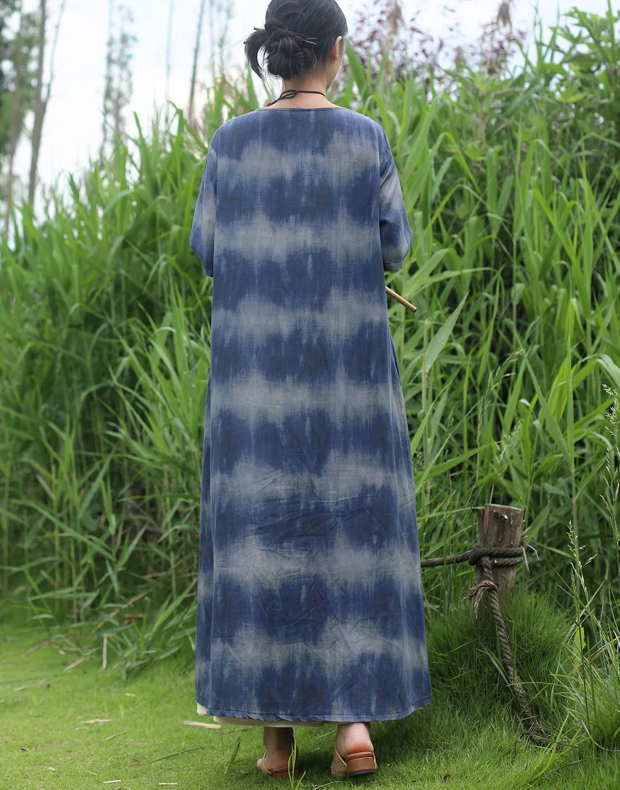 Bohemian Blue Striped Silk Tie-Dye Half-Sleeved Dress