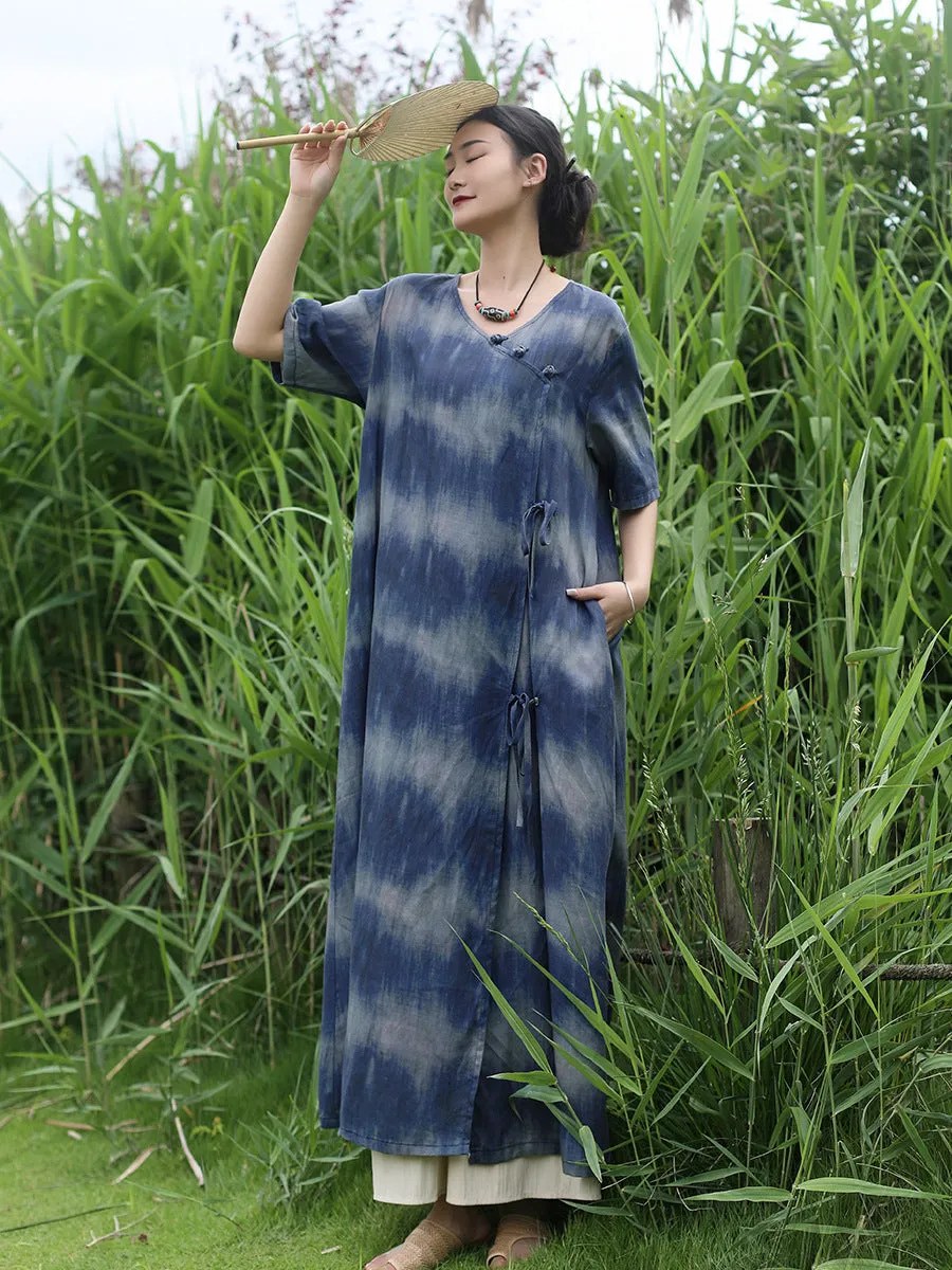 Bohemian Blue Striped Silk Tie-Dye Half-Sleeved Dress