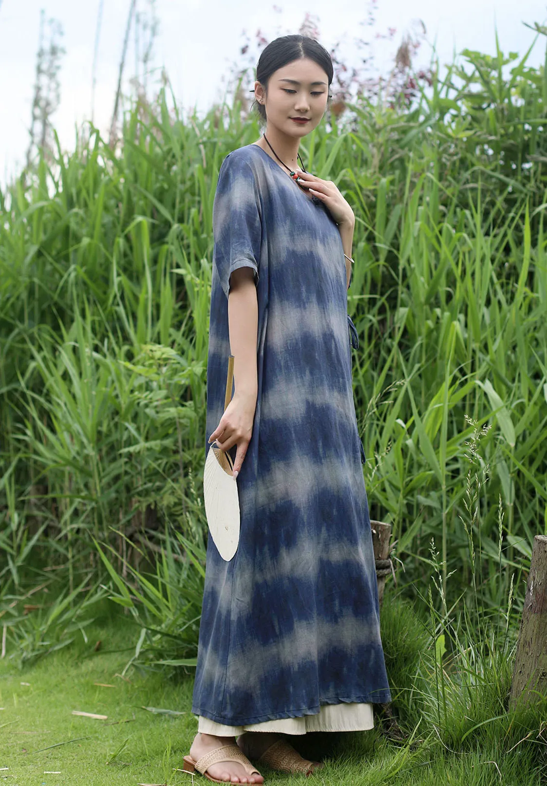Bohemian Blue Striped Silk Tie-Dye Half-Sleeved Dress