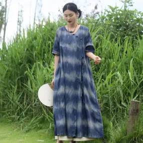Bohemian Blue Striped Silk Tie-Dye Half-Sleeved Dress