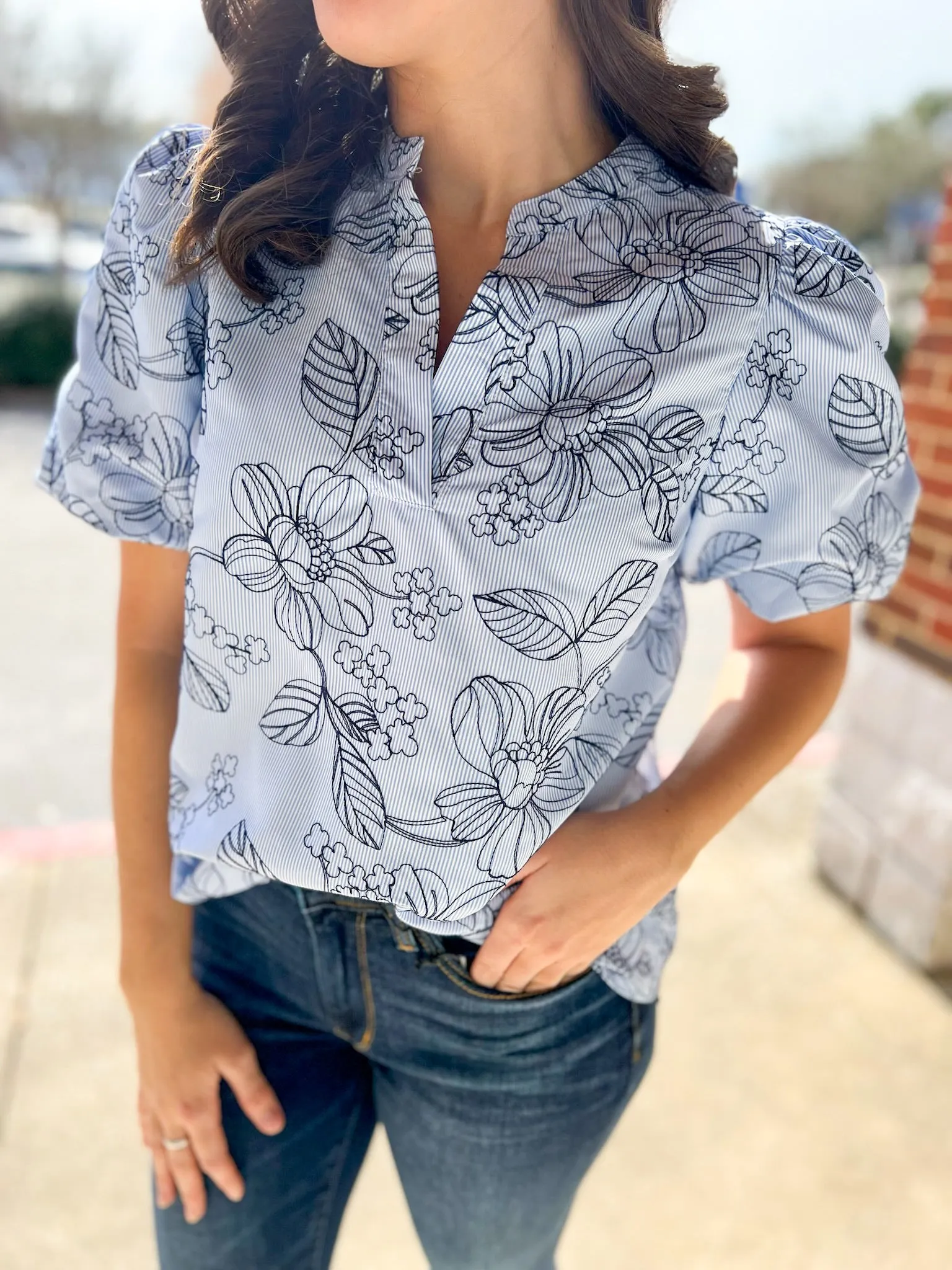 By My Side Blue Striped Embroidered Top