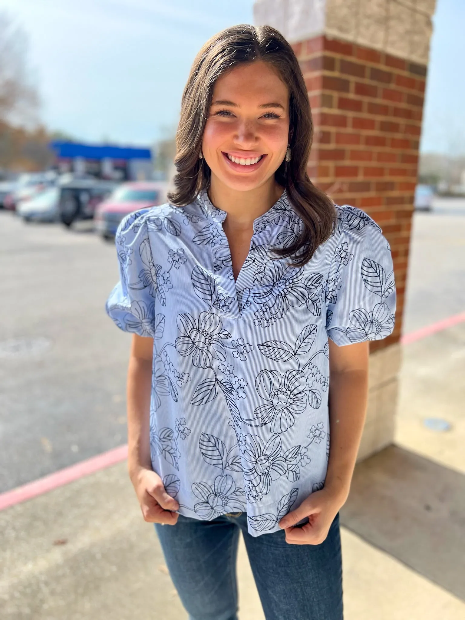 By My Side Blue Striped Embroidered Top