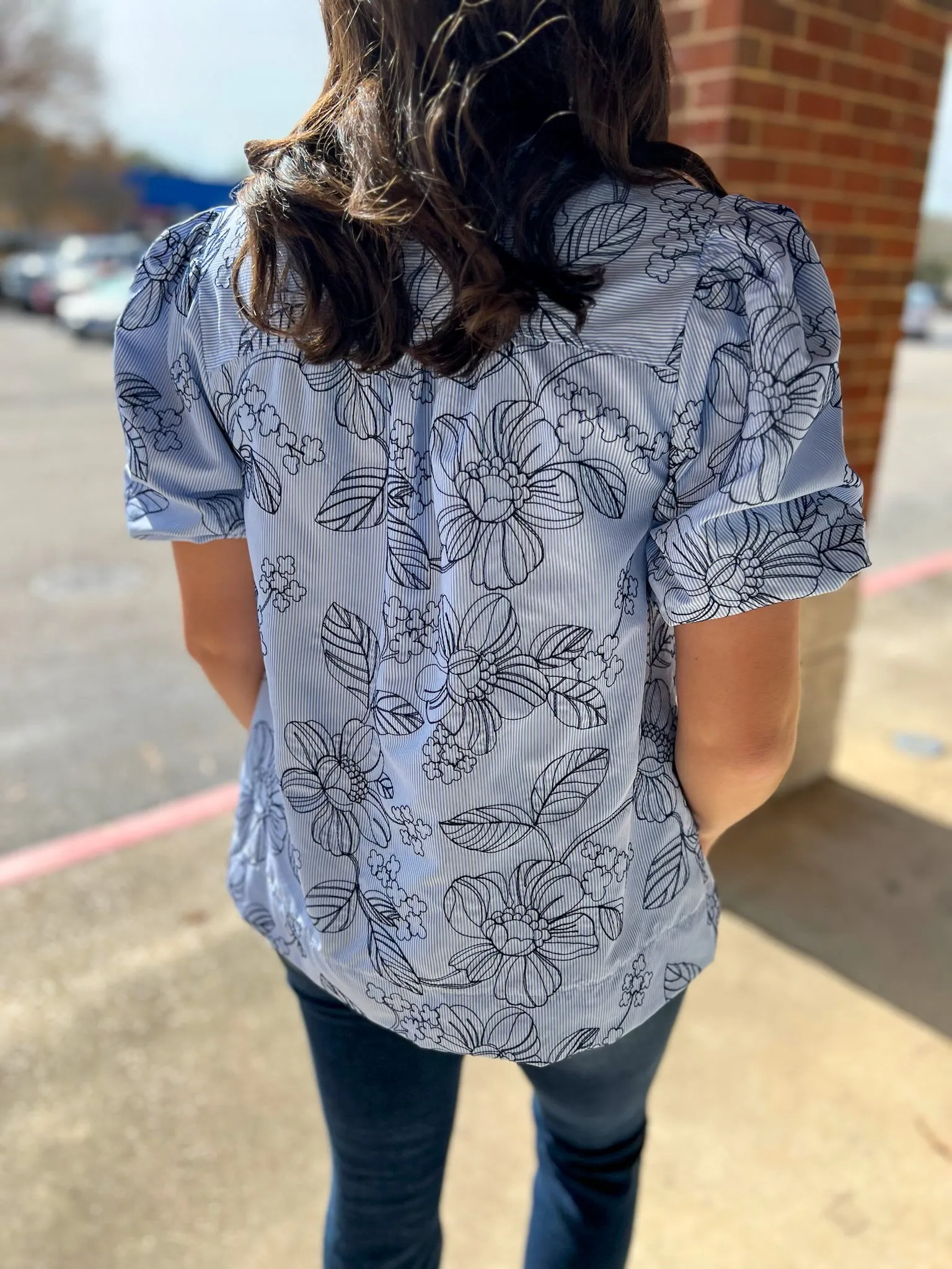 By My Side Blue Striped Embroidered Top