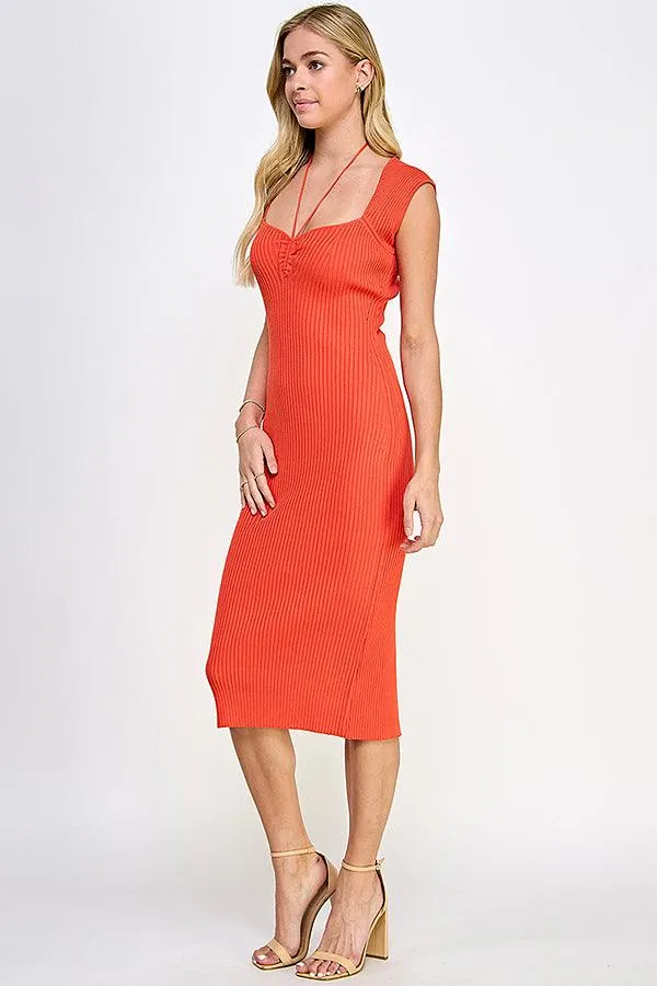 cap sleeve sweetheart neckline ribbed knit dress