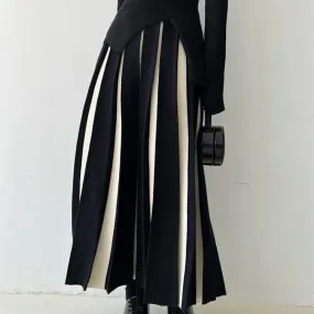 Casual Hit Color Knitted Skirts For Women High Waist Patchwork Folds Vintage A Line Skirt Female Fashion Clothes