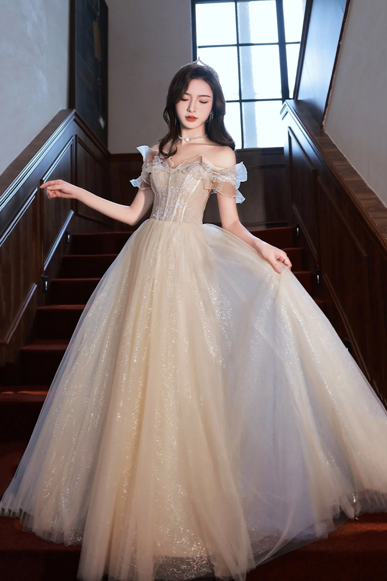 Champagne Off the Shoulder Lace Long Prom Dress, A-Line Evening Party Dress