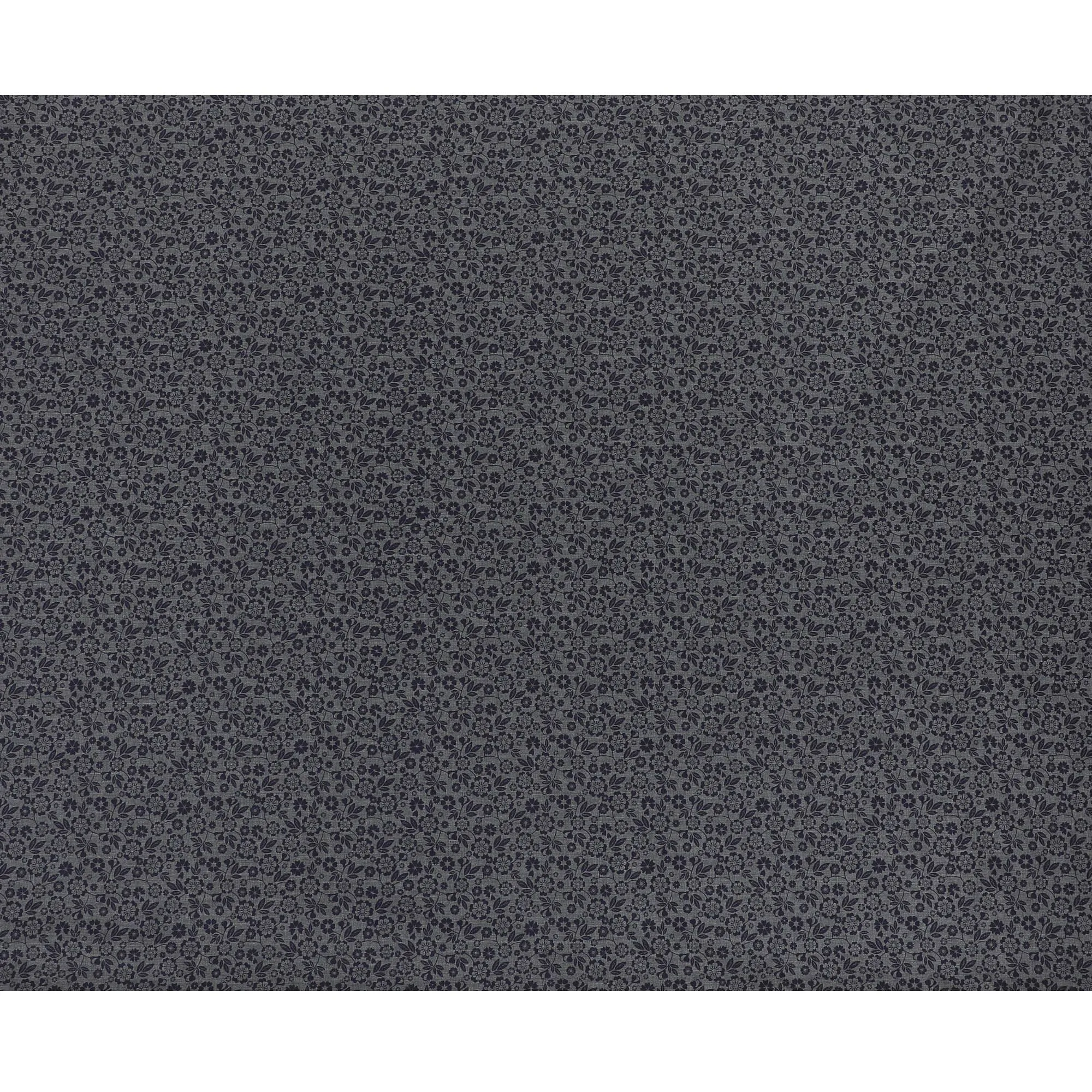 Charcoal grey blended cotton shirting fabric with navy blue print in floral design-D16618