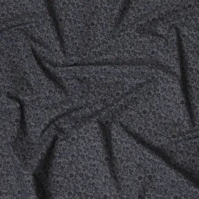 Charcoal grey blended cotton shirting fabric with navy blue print in floral design-D16618