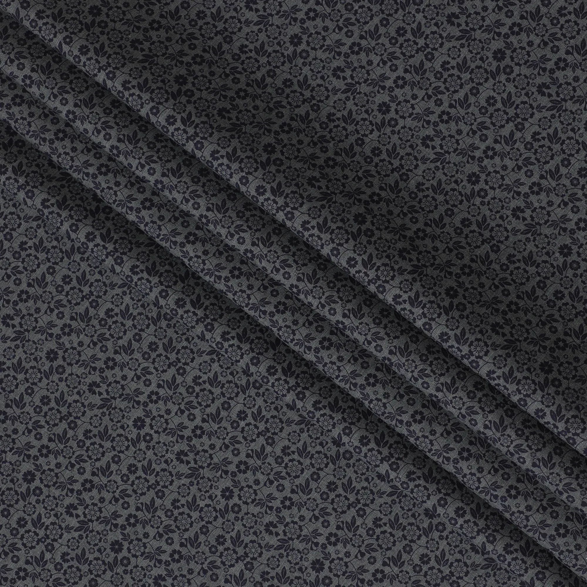 Charcoal grey blended cotton shirting fabric with navy blue print in floral design-D16618
