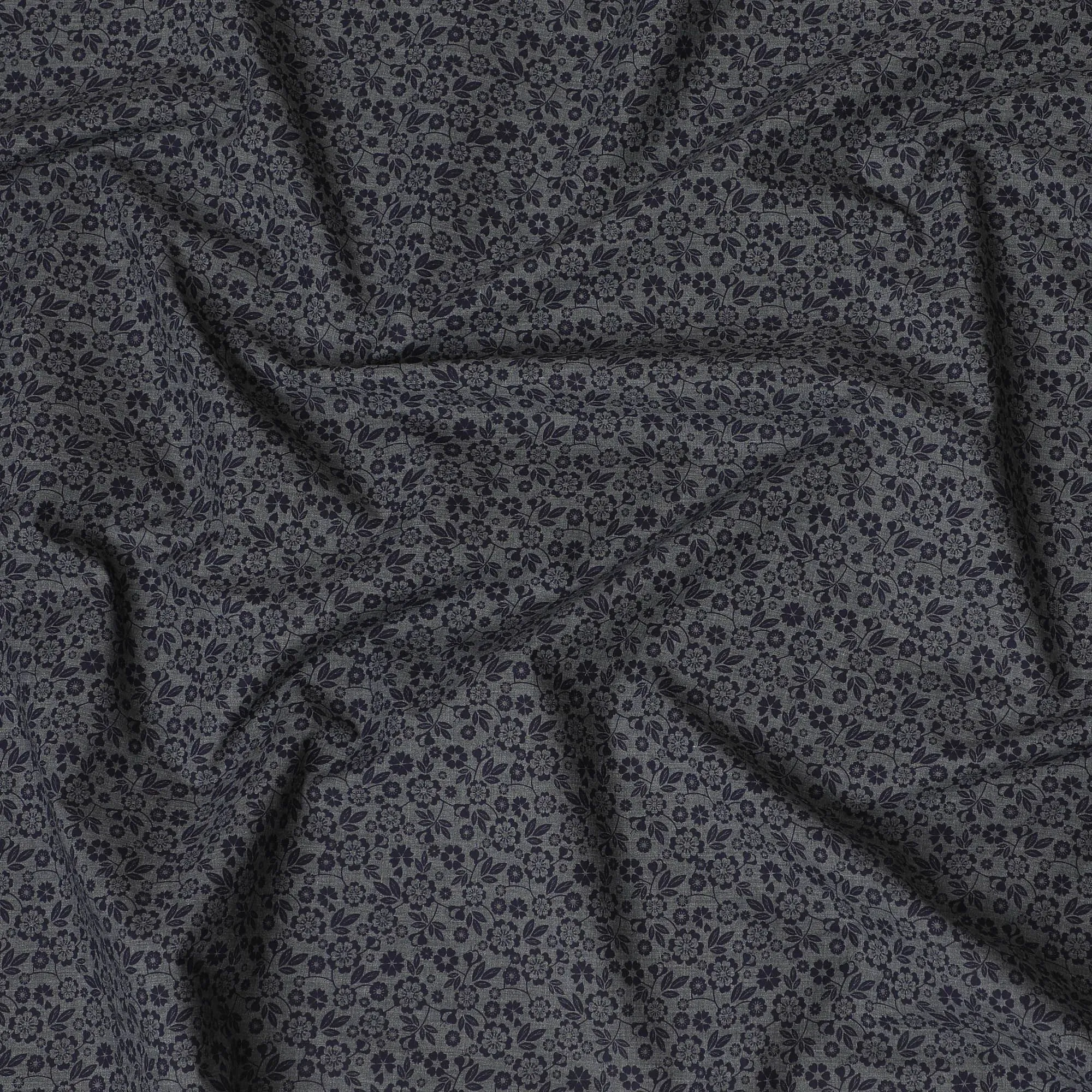 Charcoal grey blended cotton shirting fabric with navy blue print in floral design-D16618