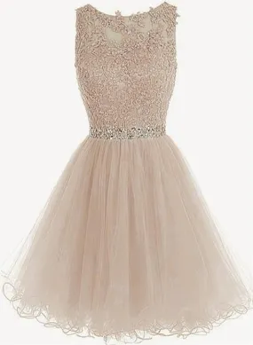 Charming Light Champagne Short Lace Beaded Party Dress, Tulle Homecoming Dress, Formal Dress