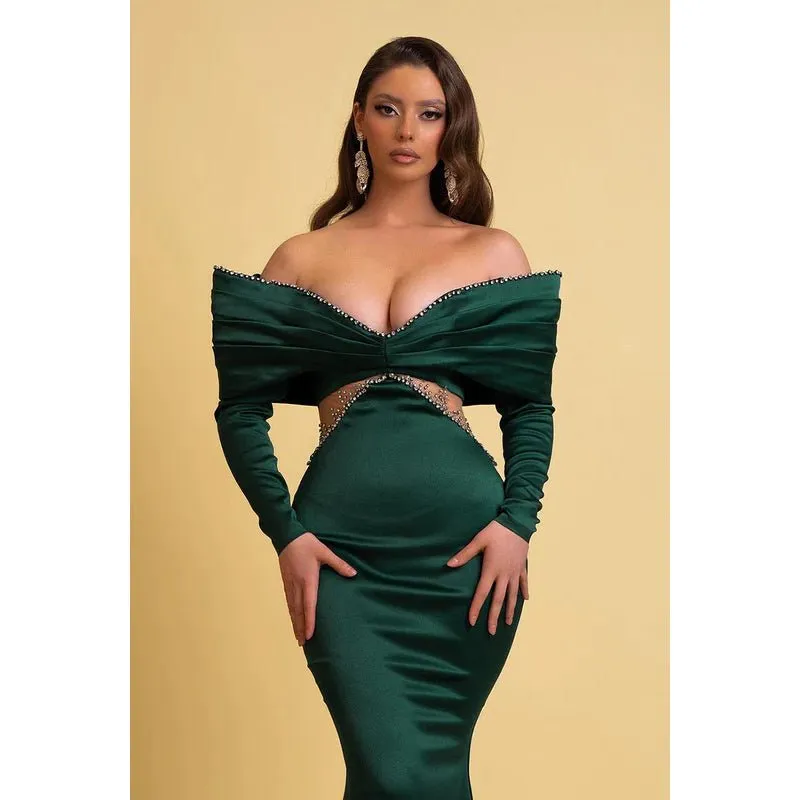 Chic & Modern Sheath Off Shoulder Draped and Beaded Party Gown Prom Dress with Cut-outs