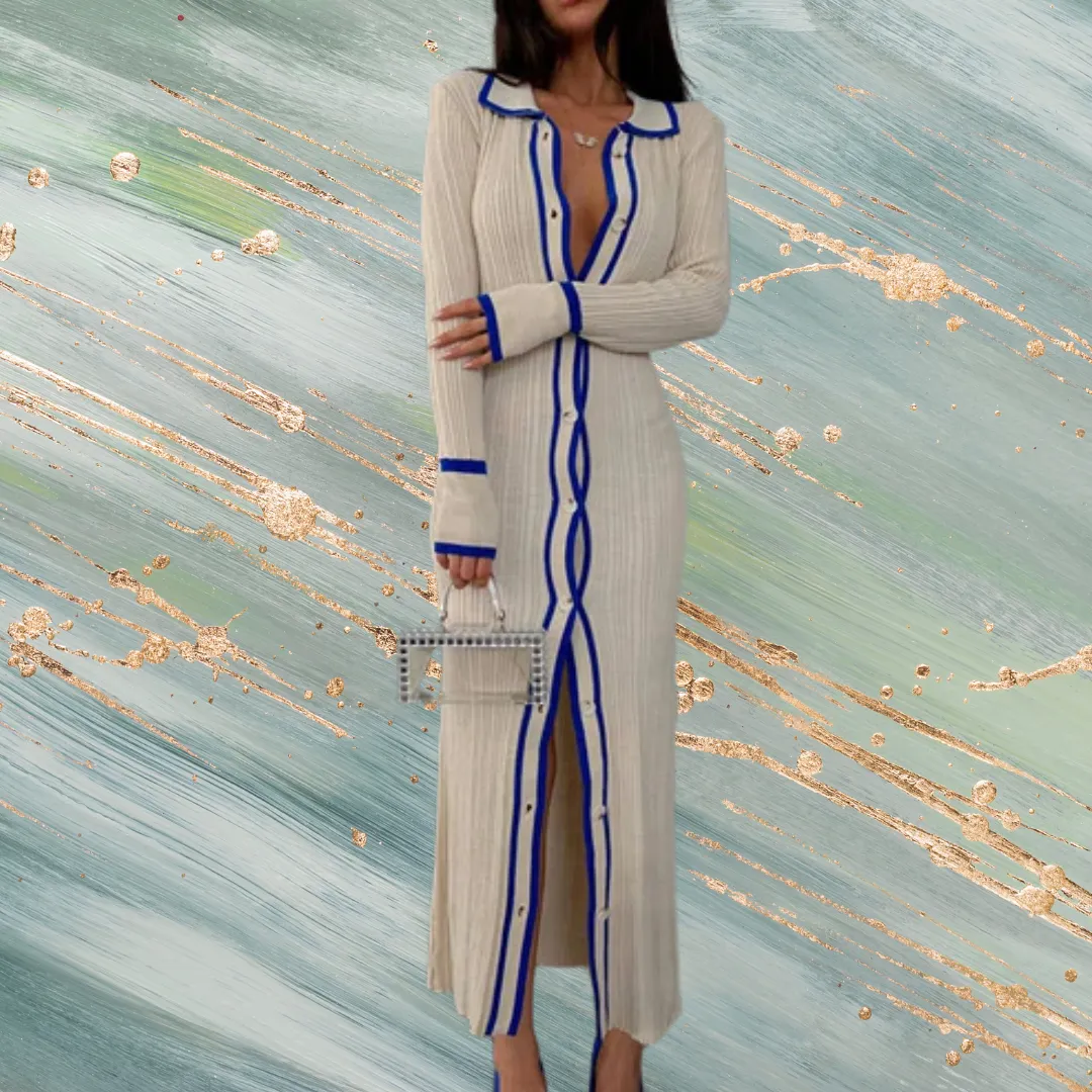 Contrast Trim Button Down Knitted Dress