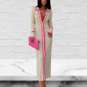 Contrast Trim Button Down Knitted Dress