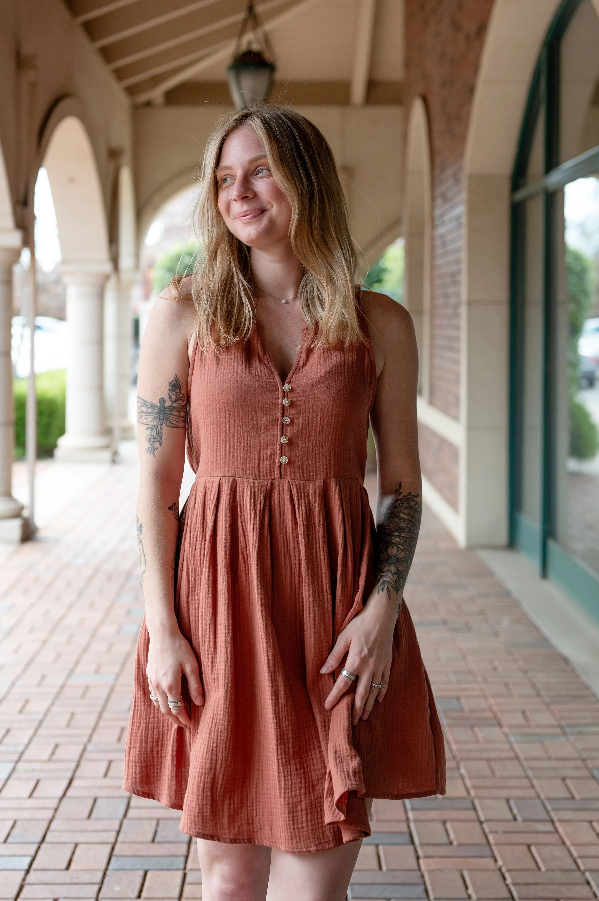 Cotton Gauze Mini Dress W/ Buttons