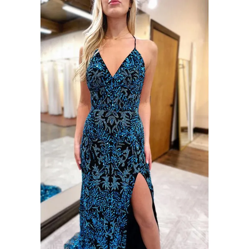 Couture & Ornate Straps V-neck Sequins Side Slit Evening Formal Prom Dress