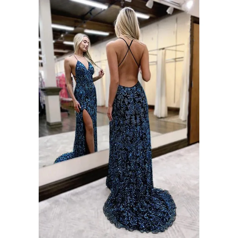 Couture & Ornate Straps V-neck Sequins Side Slit Evening Formal Prom Dress