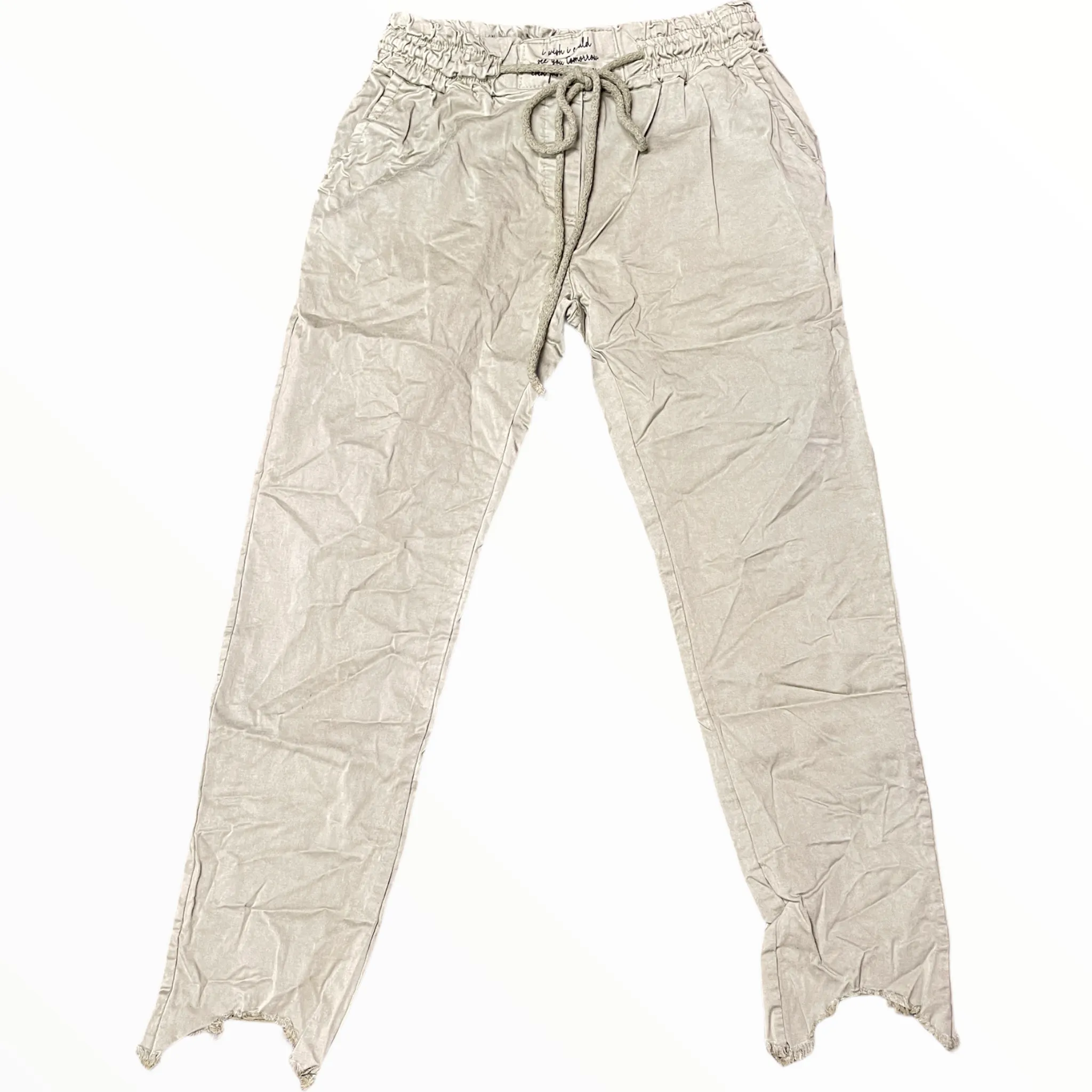 Distressed hem, Italian drawstring joggers.