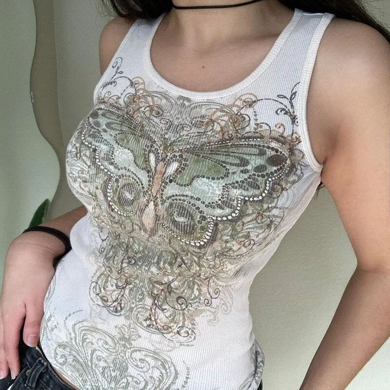 DressBetty - Slim Knitted Vest White Sleeveless O Neck Butterfly Vintage Print Tank Crop Tops