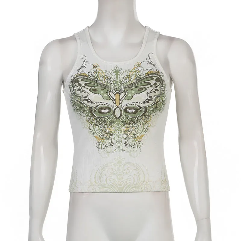 DressBetty - Slim Knitted Vest White Sleeveless O Neck Butterfly Vintage Print Tank Crop Tops
